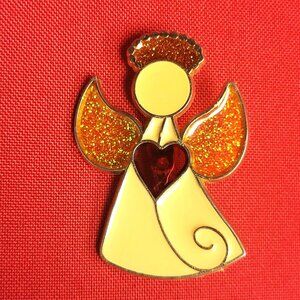 Gold Tone Angel Lapel Pin Red Heart Gem Glitter Enamel Wings